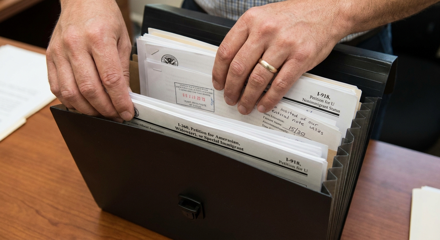Manos organizando copias de seguridad de formularios de protección federal para víctimas en carpeta física.