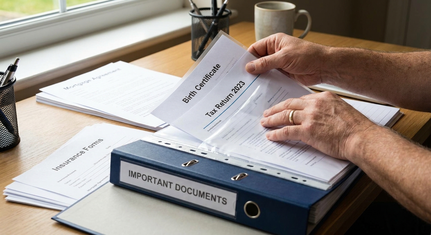Manos organizando documentos de evidencia y certificación laboral para una solicitud de residencia permanente.
