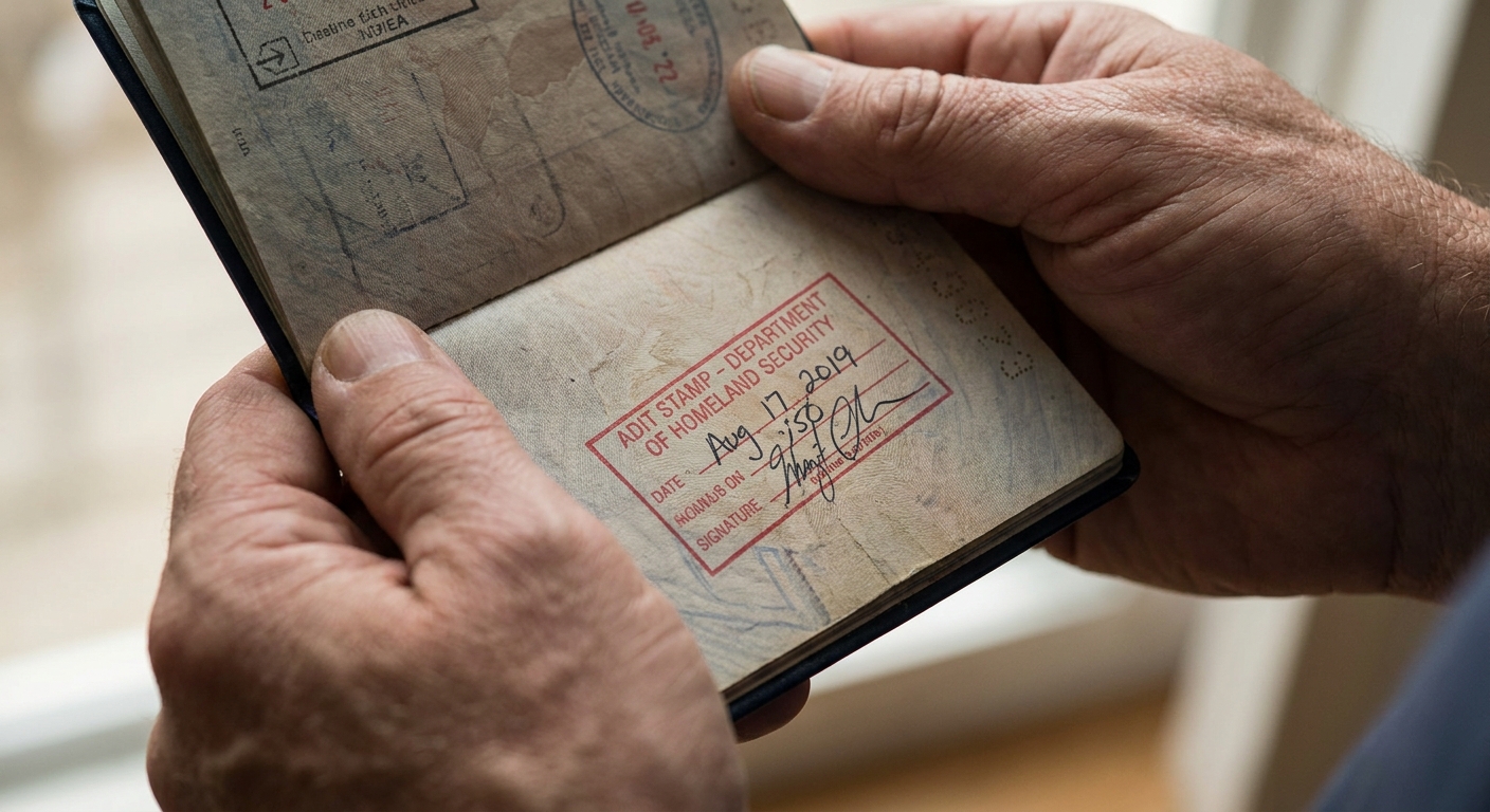 Manos sosteniendo pasaporte con sello ADIT I-551 como evidencia de residencia permanente legal.