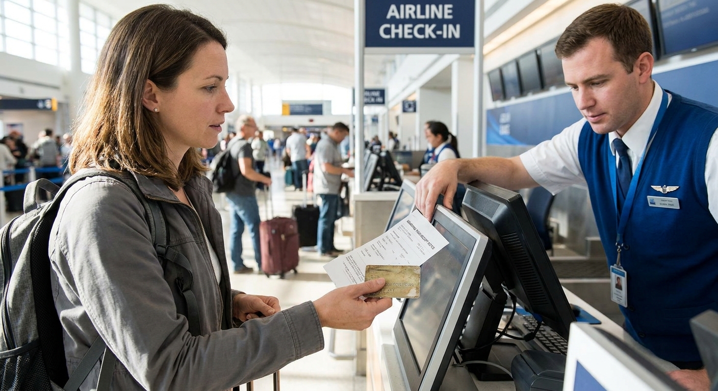 Pasajero en mostrador de aerolínea mostrando formulario de extensión para abordar vuelo internacional.
