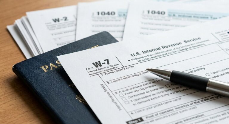 Persona revisando documentos y pasaporte para aprender como sacar el itin number ante el IRS de forma correcta.