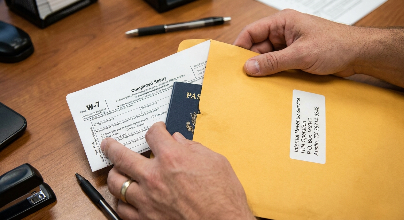 Preparación de sobre postal con formulario de impuestos para envío a la oficina de Texas.