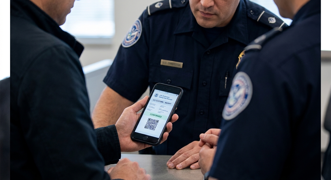 Residente mostrando recibo digital de USCIS en su teléfono móvil durante una verificación oficial.