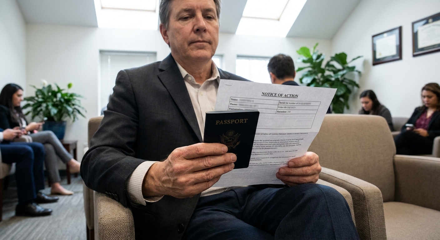 Solicitante revisando pasaporte y aviso oficial en sala de espera de centro de asistencia.