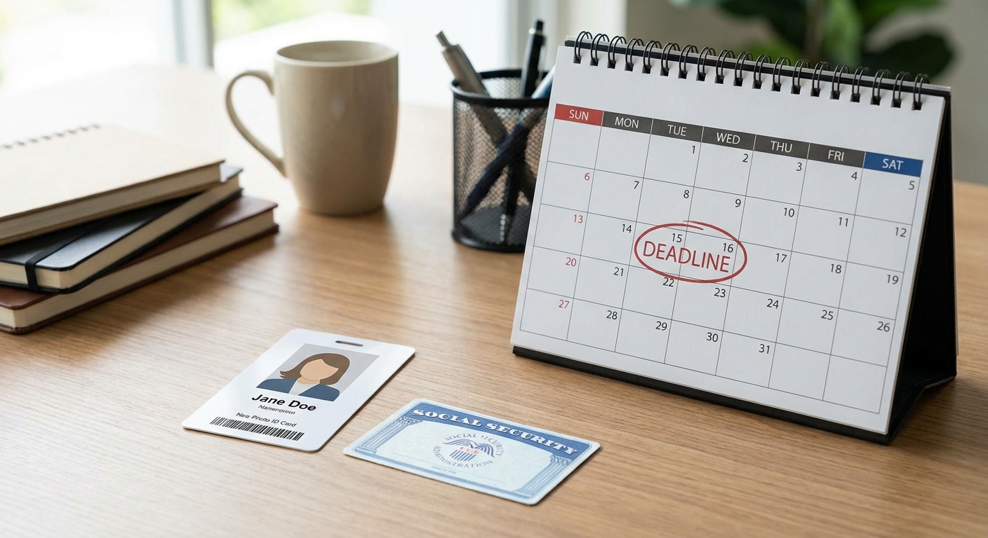 Tarjeta de identificación y seguro social sobre escritorio con calendario de renovación