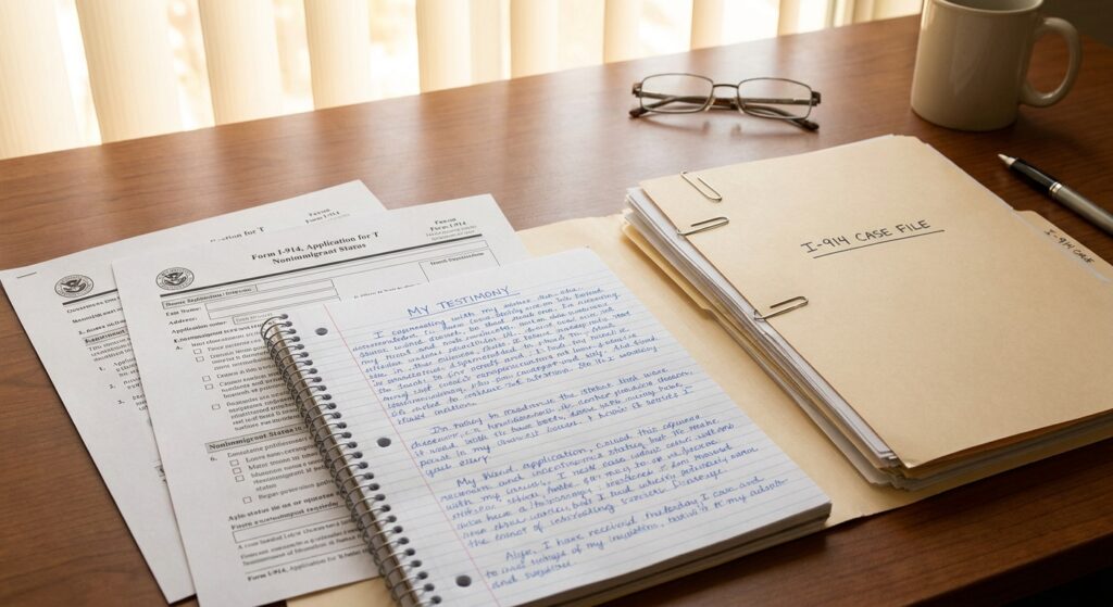 Cómo funciona la visa T paso a paso 2 Una mesa con documentos oficiales y testimonios personales explicando como funciona la visa t para proteccion de victimas