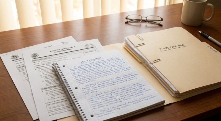 Abogado de Inmigración 42 Una mesa con documentos oficiales y testimonios personales explicando como funciona la visa t para proteccion de victimas