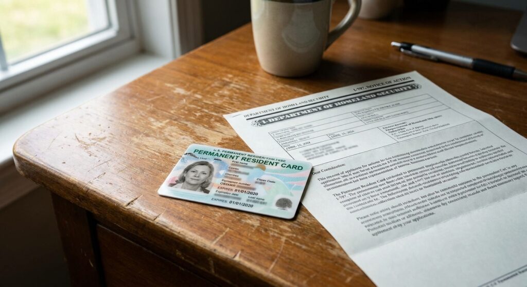¿Puedes entrar a Estados Unidos con la green card vencida? 2 Una tarjeta de residencia expirada junto a documentos oficiales de inmigracion para saber si puedo entrar a estados unidos con mi green card vencida.