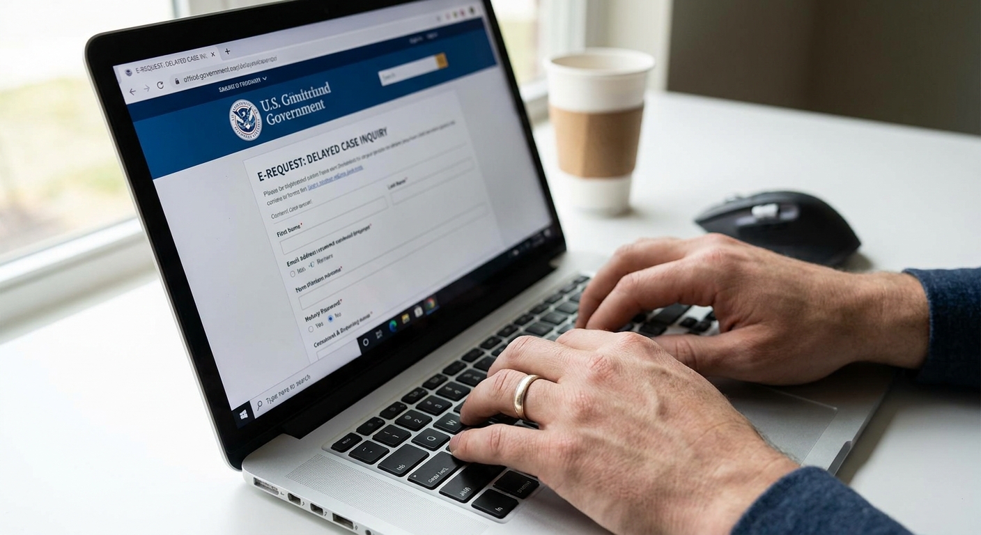 ¿Cuánto tarda la ciudadanía americana? 5 Usuario consultando número de caso oficial en portal digital de seguimiento de trámites migratorios.