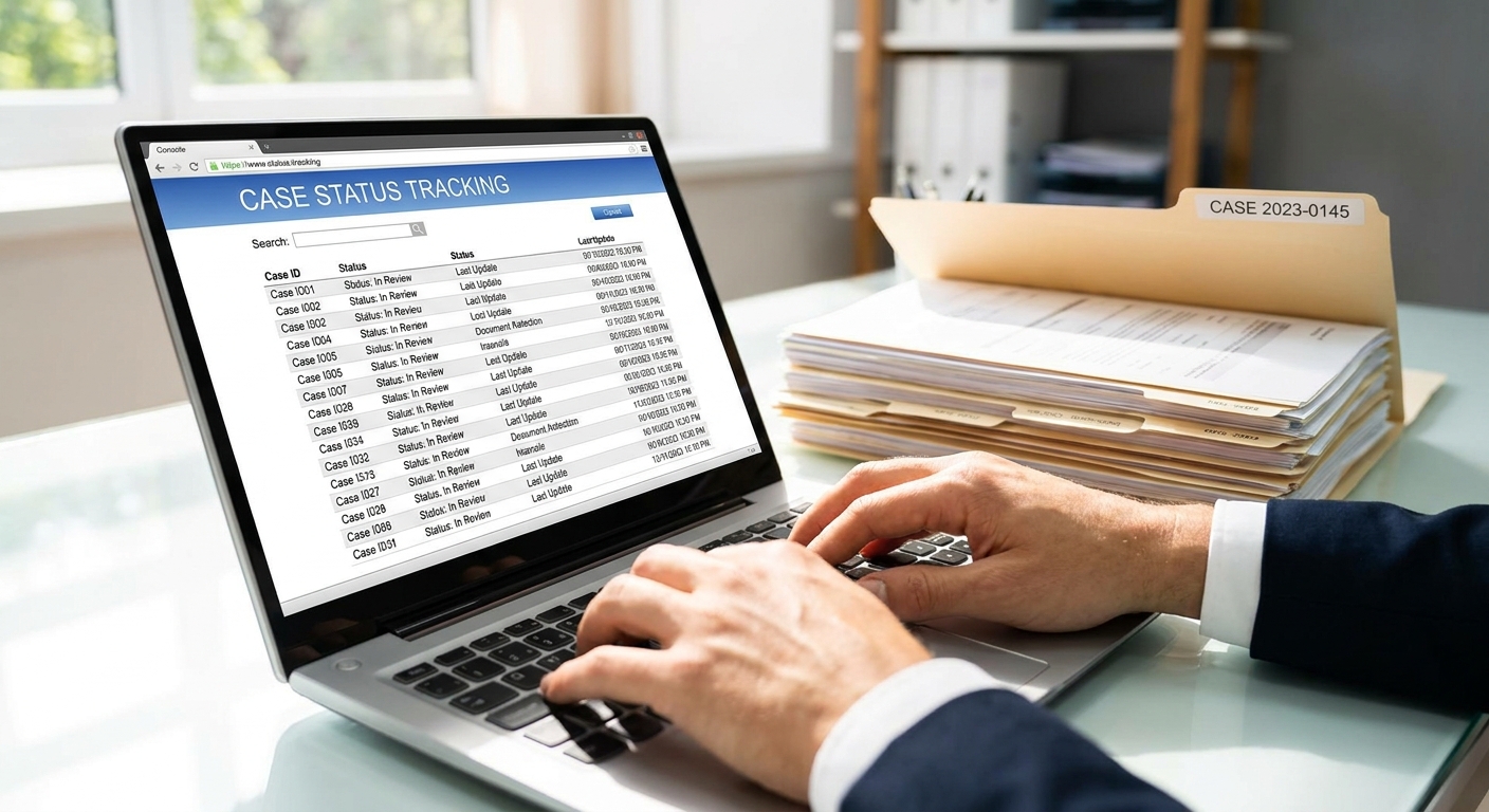 Usuario monitoreando estatus de caso en portal oficial de USCIS desde computadora portátil
