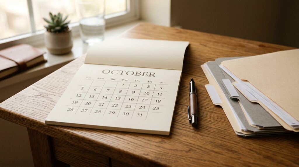 Calendario de mesa que marca el boletin de visas de octubre junto a carpetas de documentos