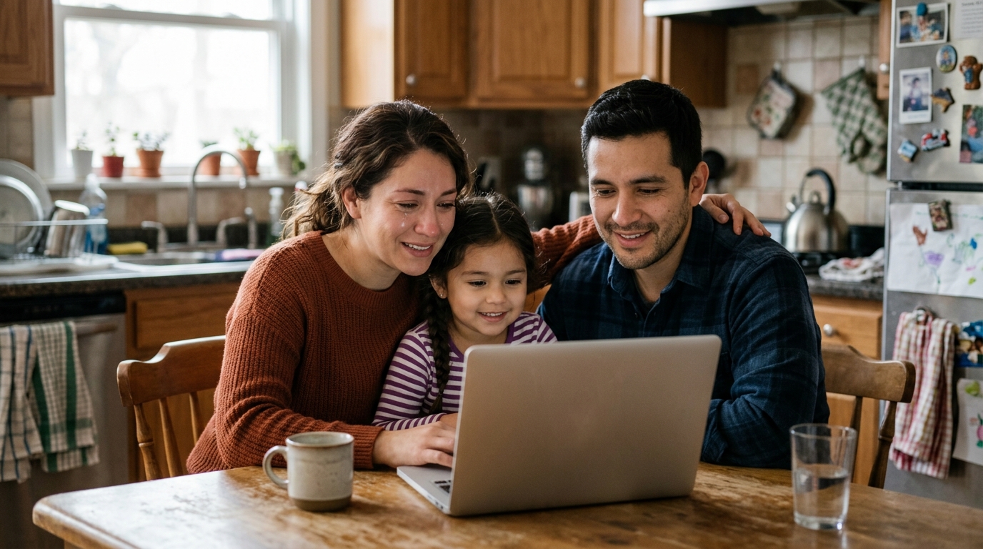 Familia sentada frente a una computadora portatil mostrando expresiones de alivio en su hogar