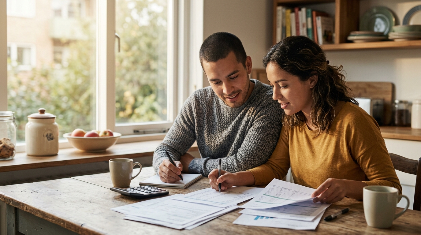 USCIS exige nueva versión del Formulario I-864 1 Pareja hispana revisando documentos financieros juntos en la mesa de su hogar.