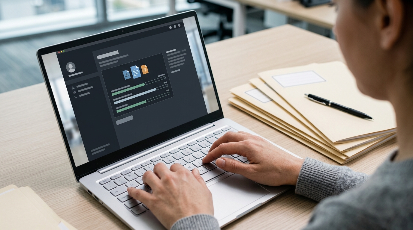 USCIS exige nueva versión del Formulario I-864 2 Manos de un profesional usando una computadora portatil para subir documentos digitales.