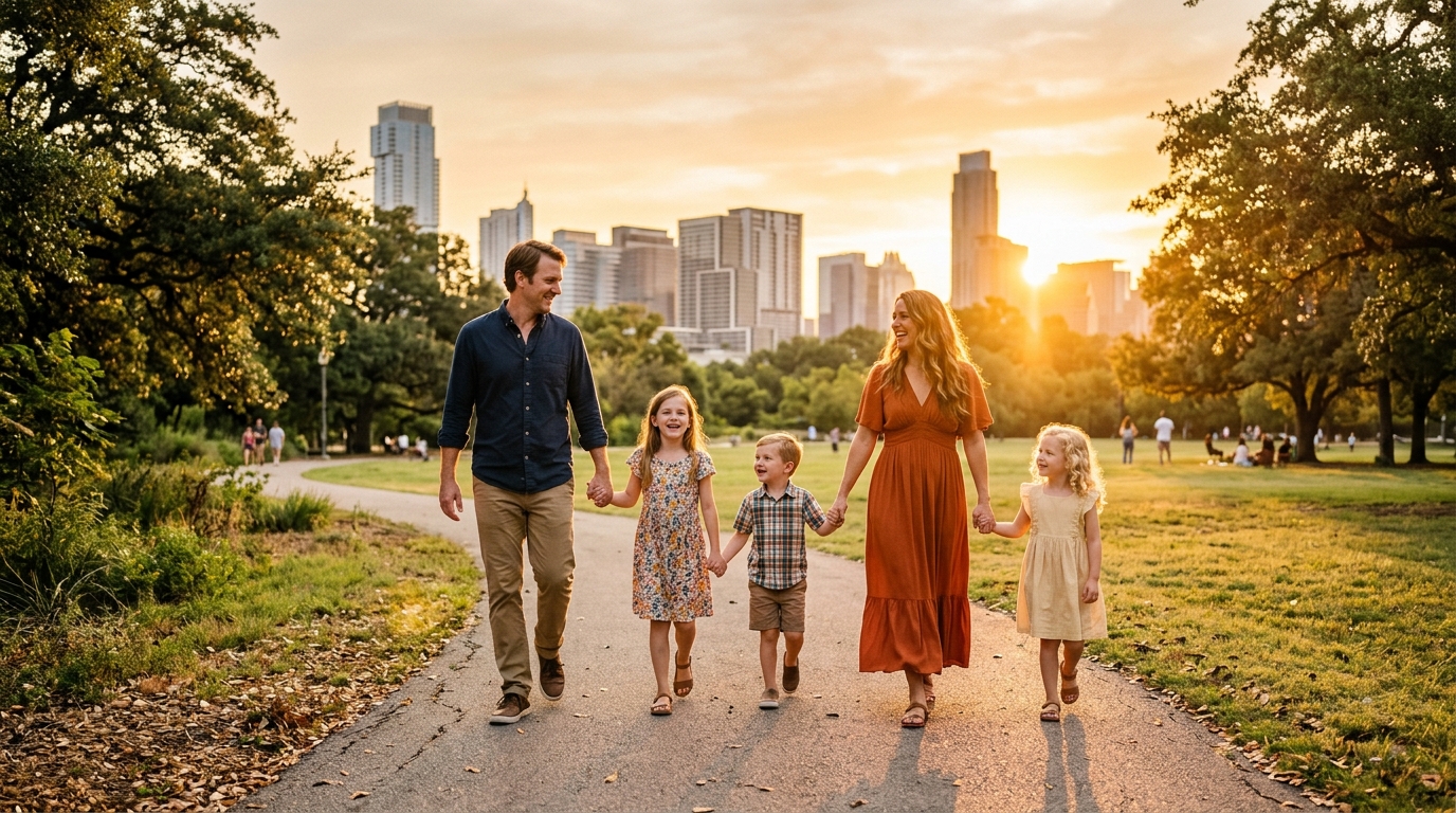 USCIS exige nueva versión del Formulario I-864 3 Familia caminando feliz y unida en un parque durante el atardecer tejano.