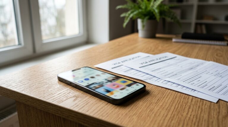 Abogado de Inmigración 46 Telefono celular y documentos sobre escritorio que ilustran la revision de redes sociales para visas