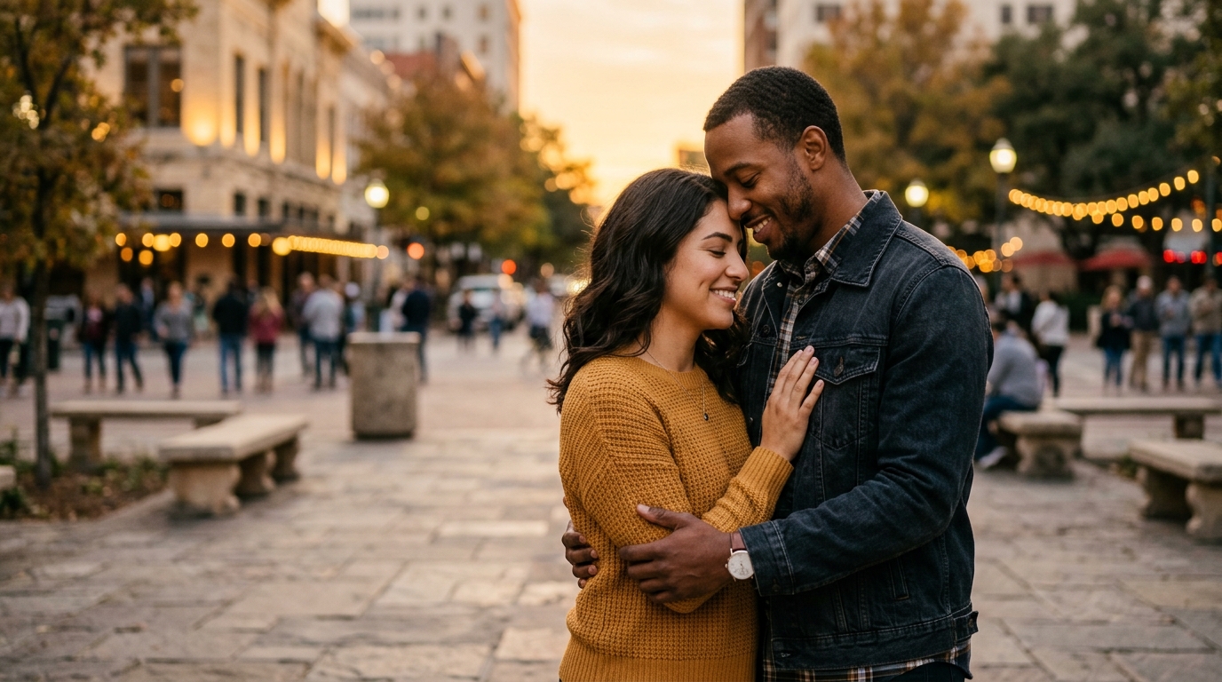 Juez ordena reactivar visas de diversidad 3 Pareja joven abrazandose con alivio en una plaza de Texas al atardecer