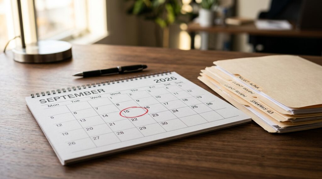 USCIS agota el límite de visas H-2B para el ciclo 2027 2 Calendario de escritorio y carpetas que representan el limite de visas H-2B para el proximo periodo.