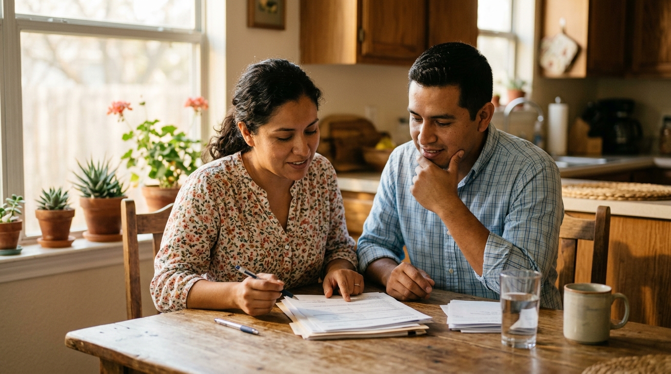 USCIS agota el límite de visas H-2B para el ciclo 2027 3 Pareja hispana revisando documentos de planeacion familiar en una cocina iluminada por el sol.
