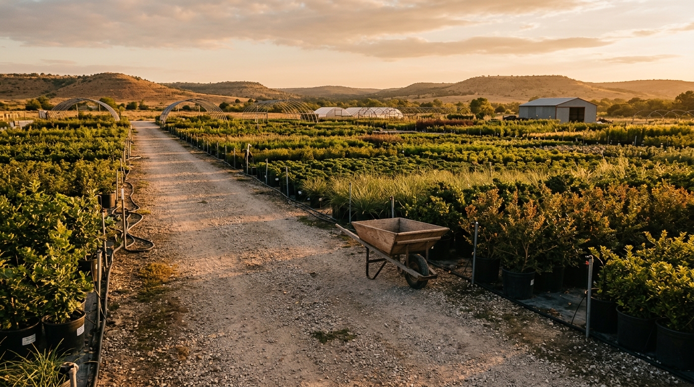 USCIS agota el límite de visas H-2B para el ciclo 2027 5 Vivero de paisajismo en Texas durante el atardecer con plantas y una carretilla.
