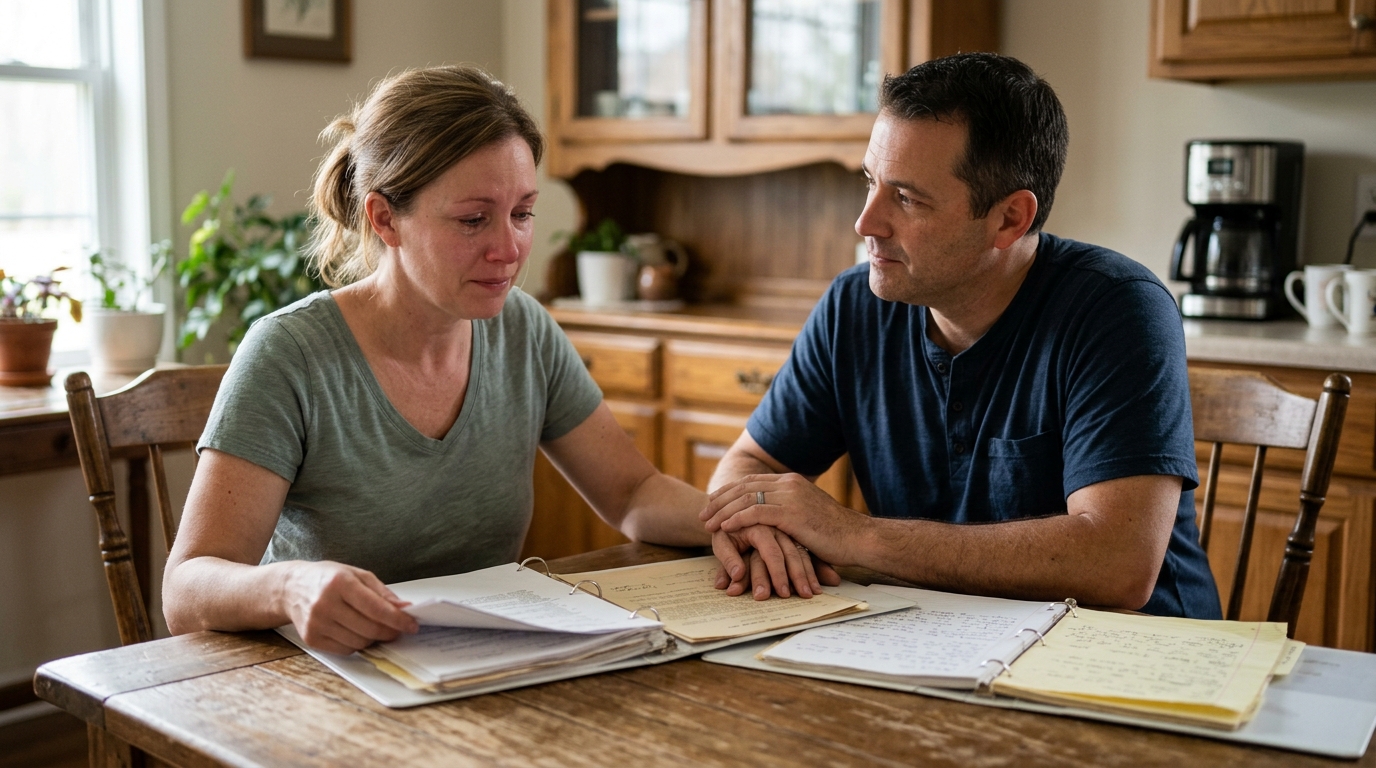 USCIS actualiza pautas sobre revocación de ciudadanía 3 Una pareja sentada a la mesa de su cocina revisando documentos familiares con atencion