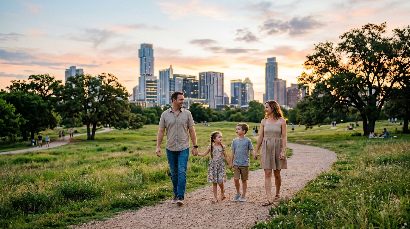 USCIS actualiza pautas sobre revocación de ciudadanía 5 Una familia camina unida por un parque durante el atardecer en Texas