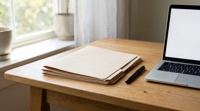 Abogado de Inmigración 46 Documentos organizados sobre una mesa listos para tramitar la residencia para hijos de empleados extranjeros.