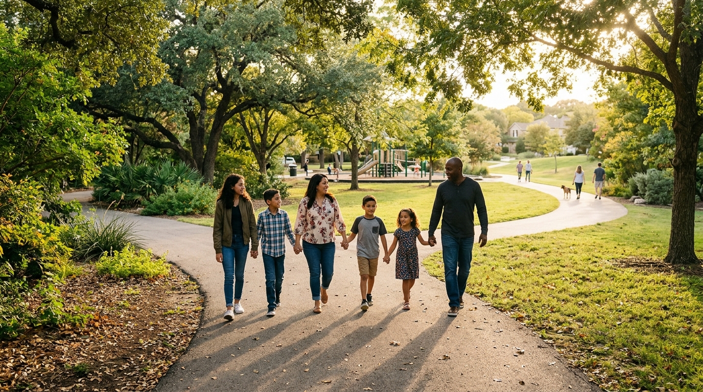 DHS facilita residencia para hijos de empleados extranjeros 5 Familia caminando de la mano por un parque verde durante el atardecer.