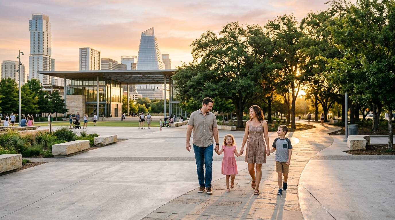La Corte Suprema autoriza al DHS a verificar votantes 5 Familia caminando unida en una plaza publica durante el atardecer en Texas.