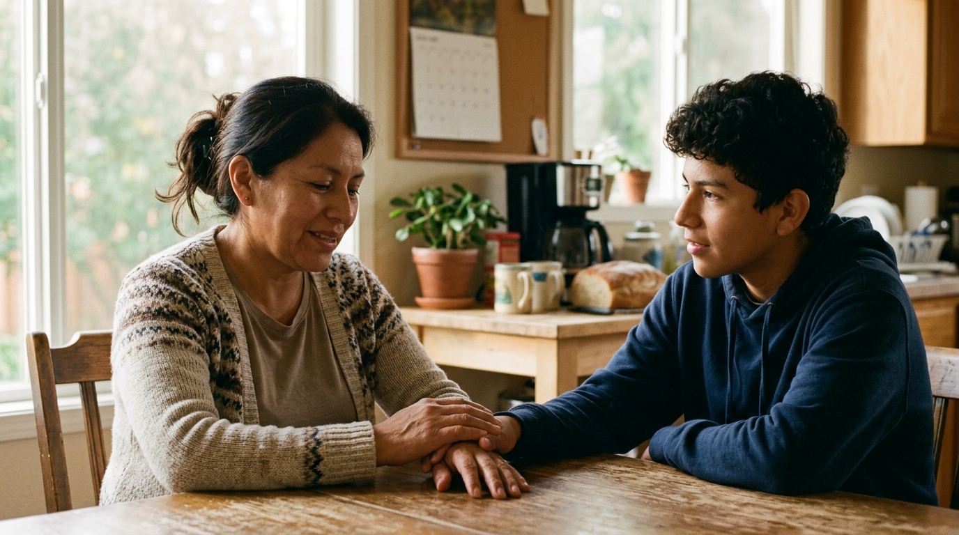 Fiscales defienden límites a arrestos de ICE sin orden 3 Madre e hijo conversan tranquilamente en su cocina iluminada por luz natural de la ventana.