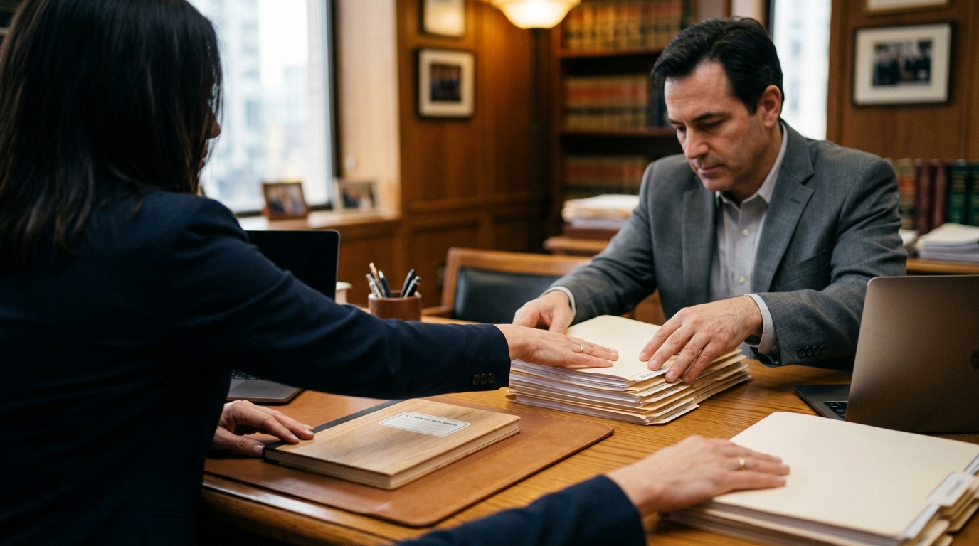 Fiscales defienden límites a arrestos de ICE sin orden 4 Manos de un abogado y un cliente revisando carpetas de documentos sobre un escritorio.