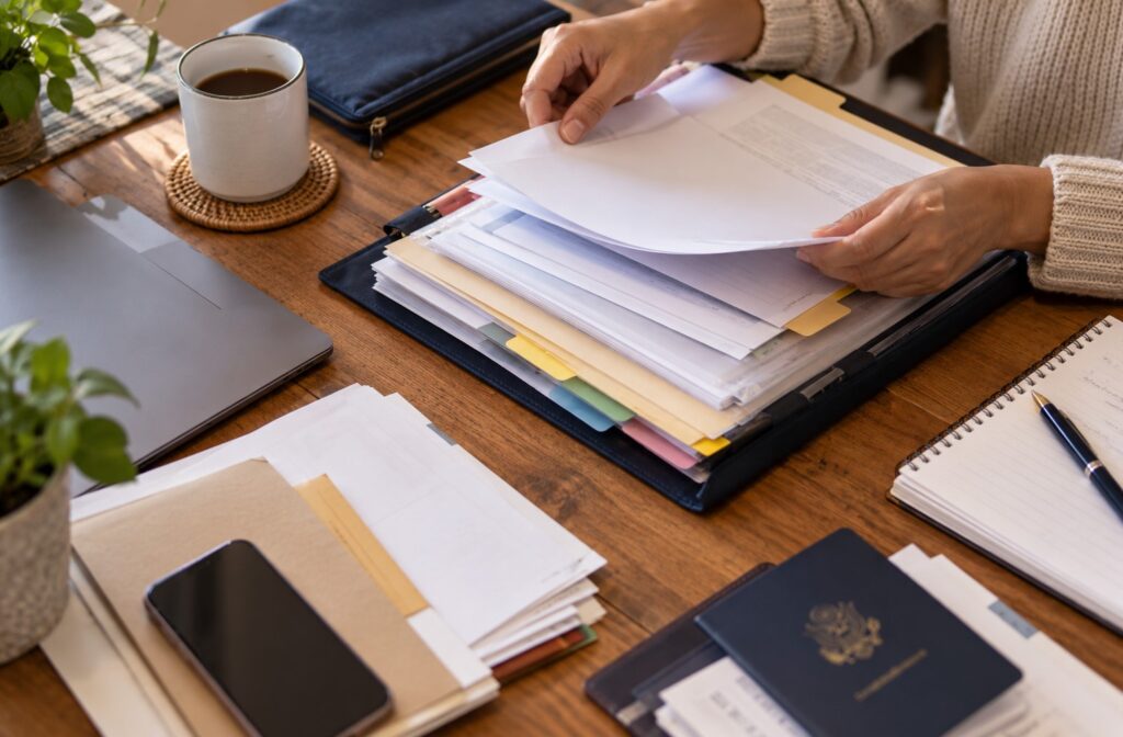 Persona revisando una solicitud de pruebas inmigración RFE de USCIS junto a documentos migratorios en una mesa.