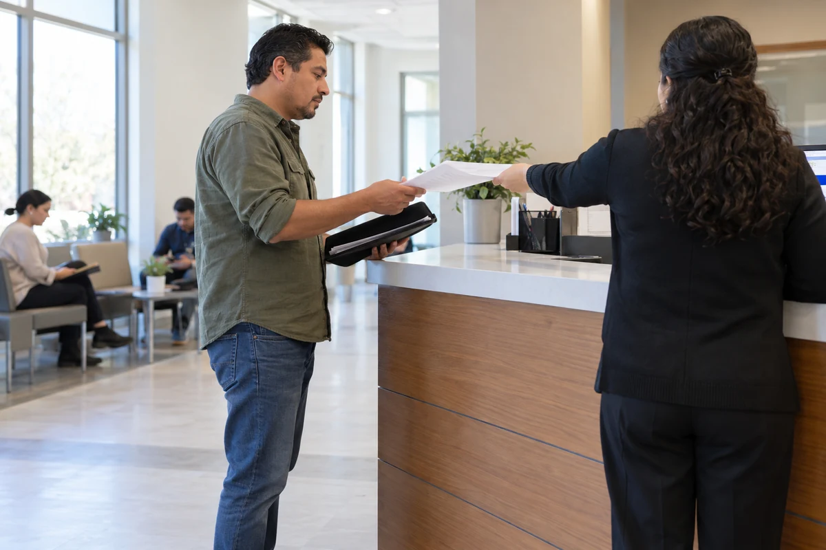 Cliente recibe documentos durante la espera de su permiso de trabajo en recepción