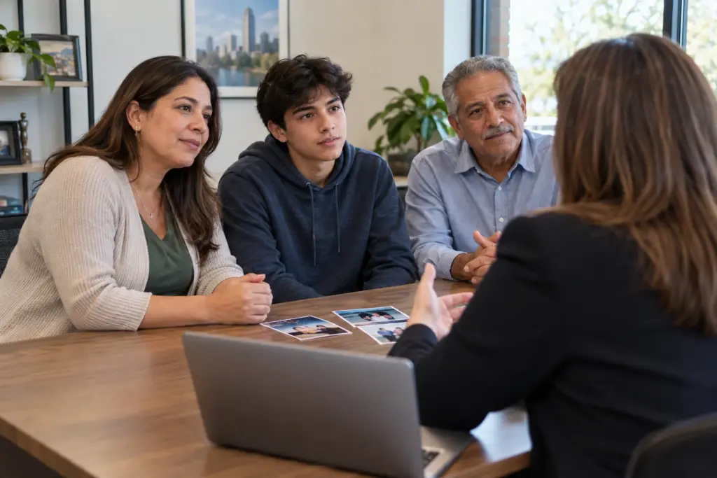 Formulario N-600K o N-600, ¿cuál corresponde a tu hijo? 2 Familia conversa con una profesional sobre la ciudadanía de su hijo y el N-600K