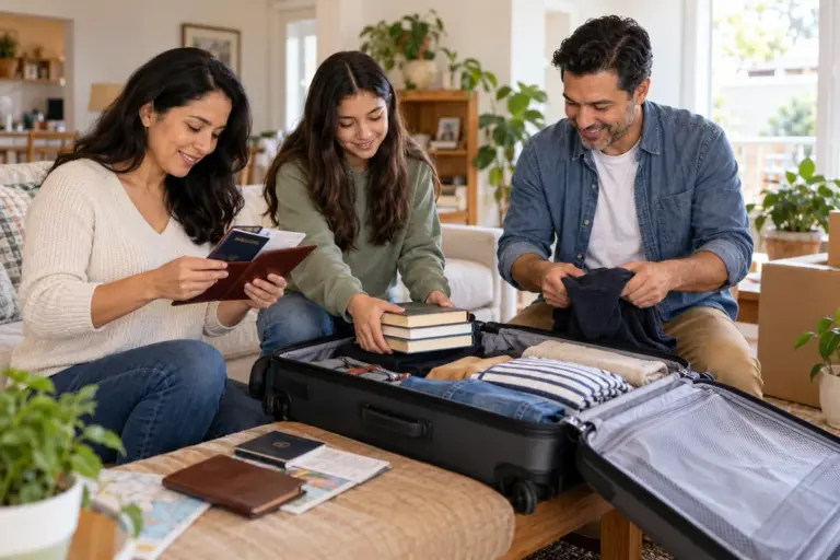 Familia hispana prepara maletas y documentos para viajar con visa L2 a Estados Unidos