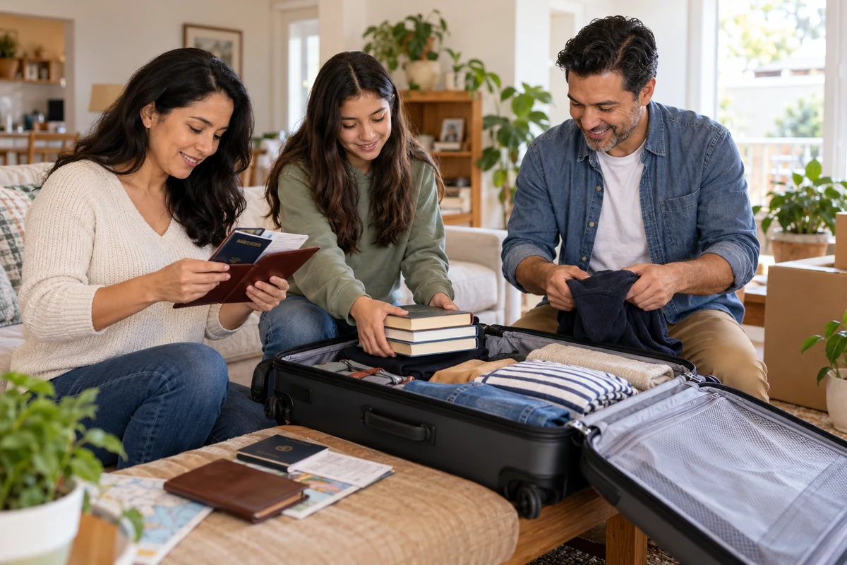 Familia hispana prepara maletas y documentos para viajar con visa L2 a Estados Unidos