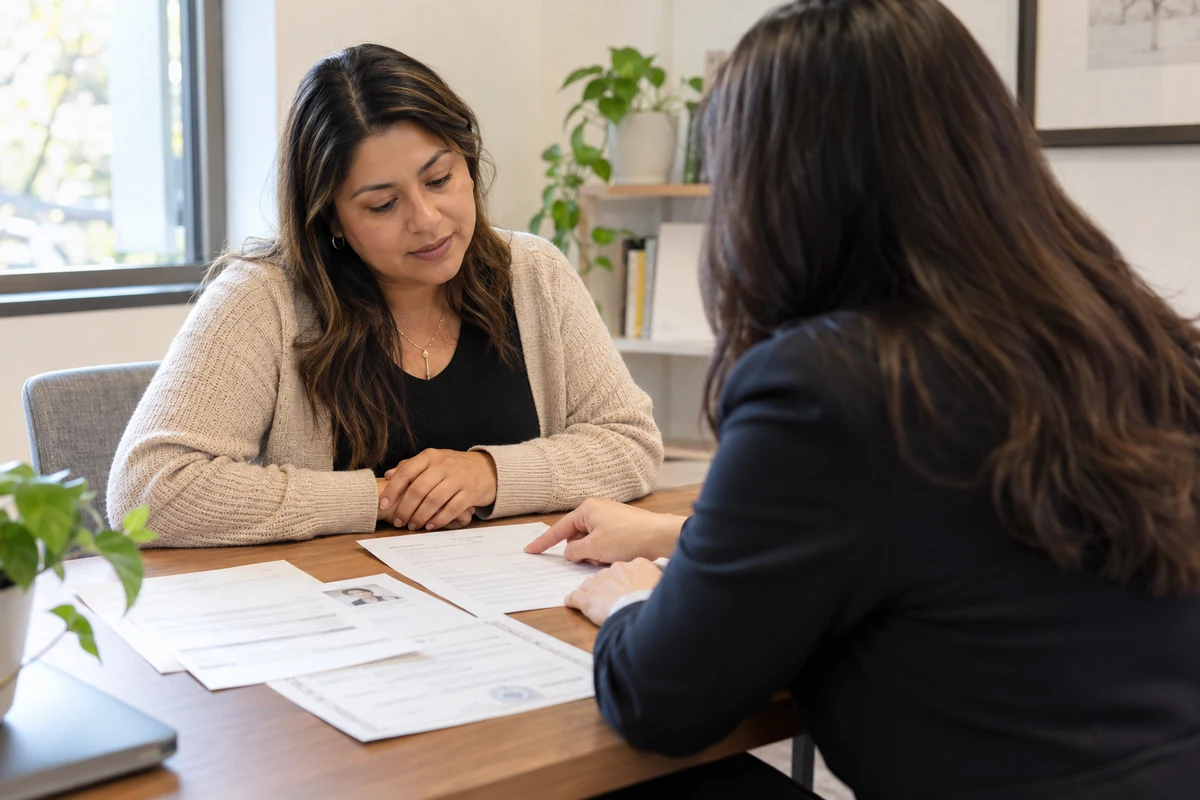 Formulario N-600K o N-600, ¿cuál corresponde a tu hijo? 4 Madre revisa documentos familiares con una profesional para preparar el formulario N-600K