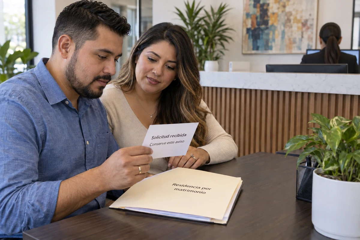 Illustration of a couple organizing a marriage case file with a receipt notice.