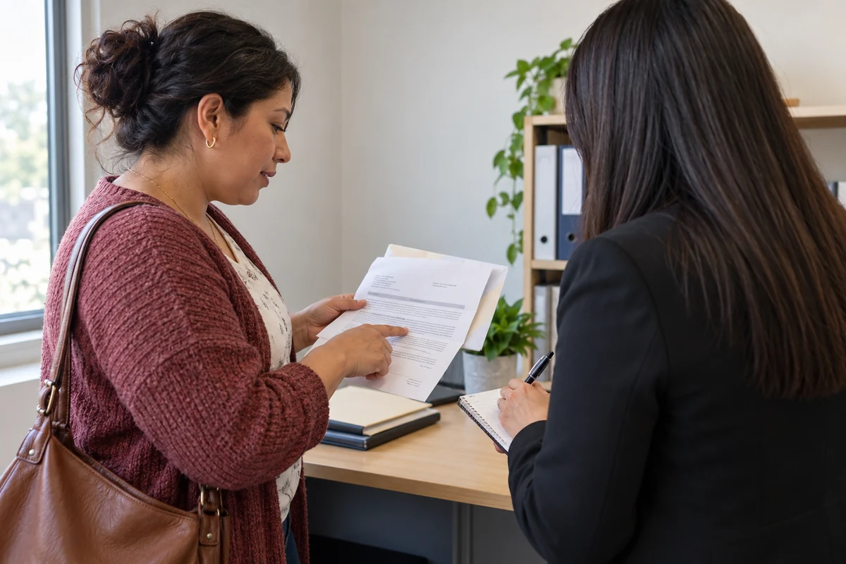 Solicitante y profesional revisan una notificación antes de preparar el formulario N-336