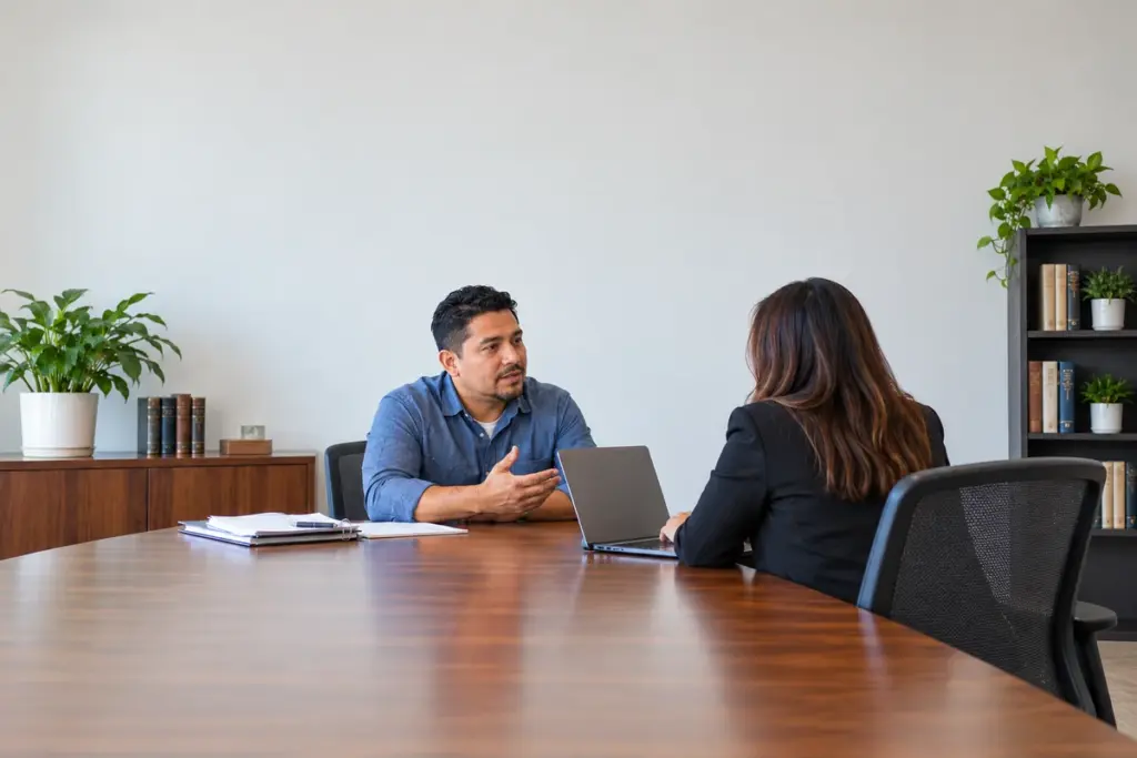 Visa E2 y residencia permanente, ¿qué opciones puedes evaluar? 1 Cliente con visa E2 conversa con abogada sobre residencia permanente junto a un portátil