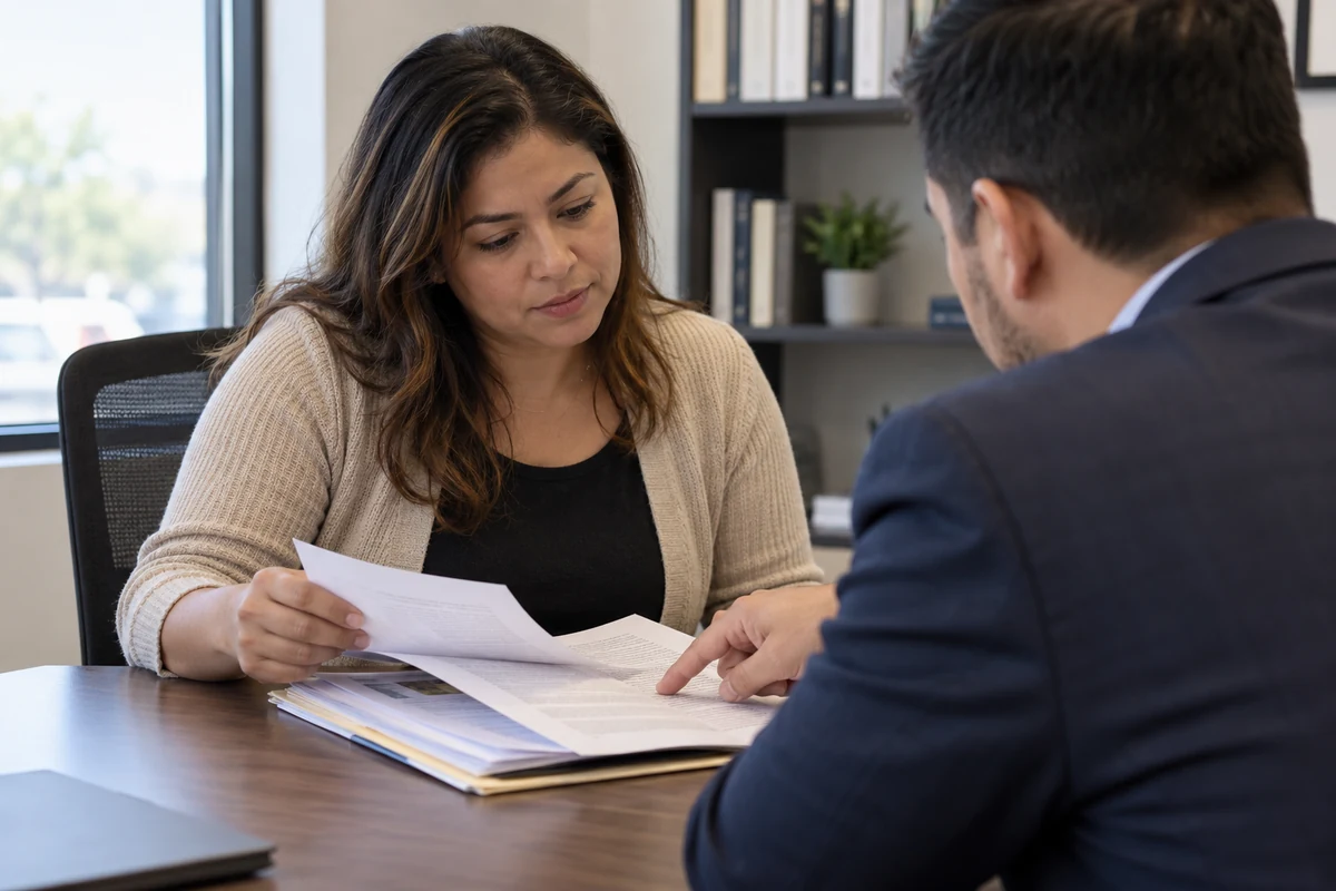 Visa E2 y residencia permanente, ¿qué opciones puedes evaluar? 4 Clienta revisa documentos para su consulta sobre residencia permanente con un asesor