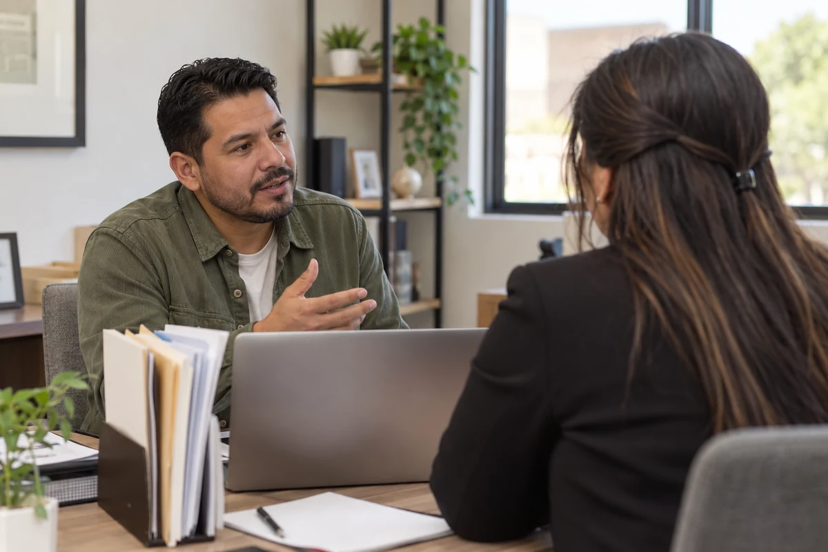 Cliente conversa sobre el tiempo de espera del permiso de trabajo con una asesora