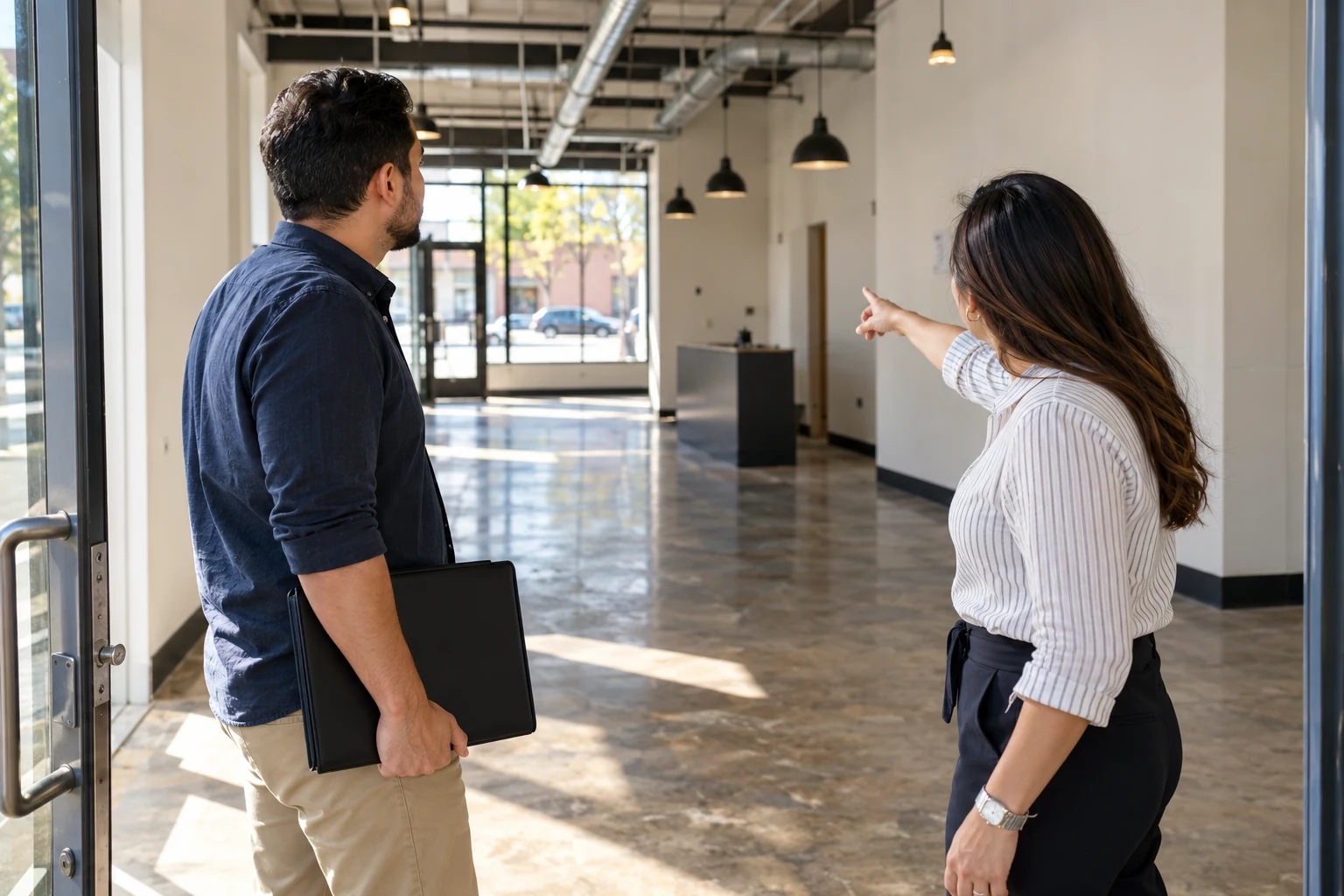 Socios evalúan un local y los pasos para iniciar una empresa en Estados Unidos