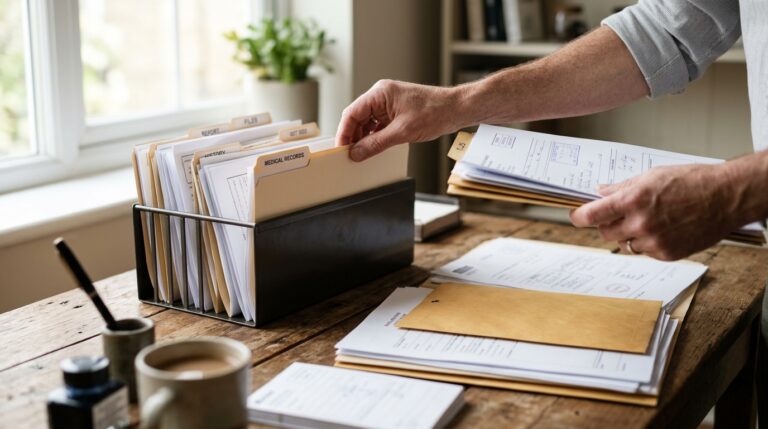 Manos organizando documentos para mociones de reapertura BIA evidencia sobre un escritorio de madera.