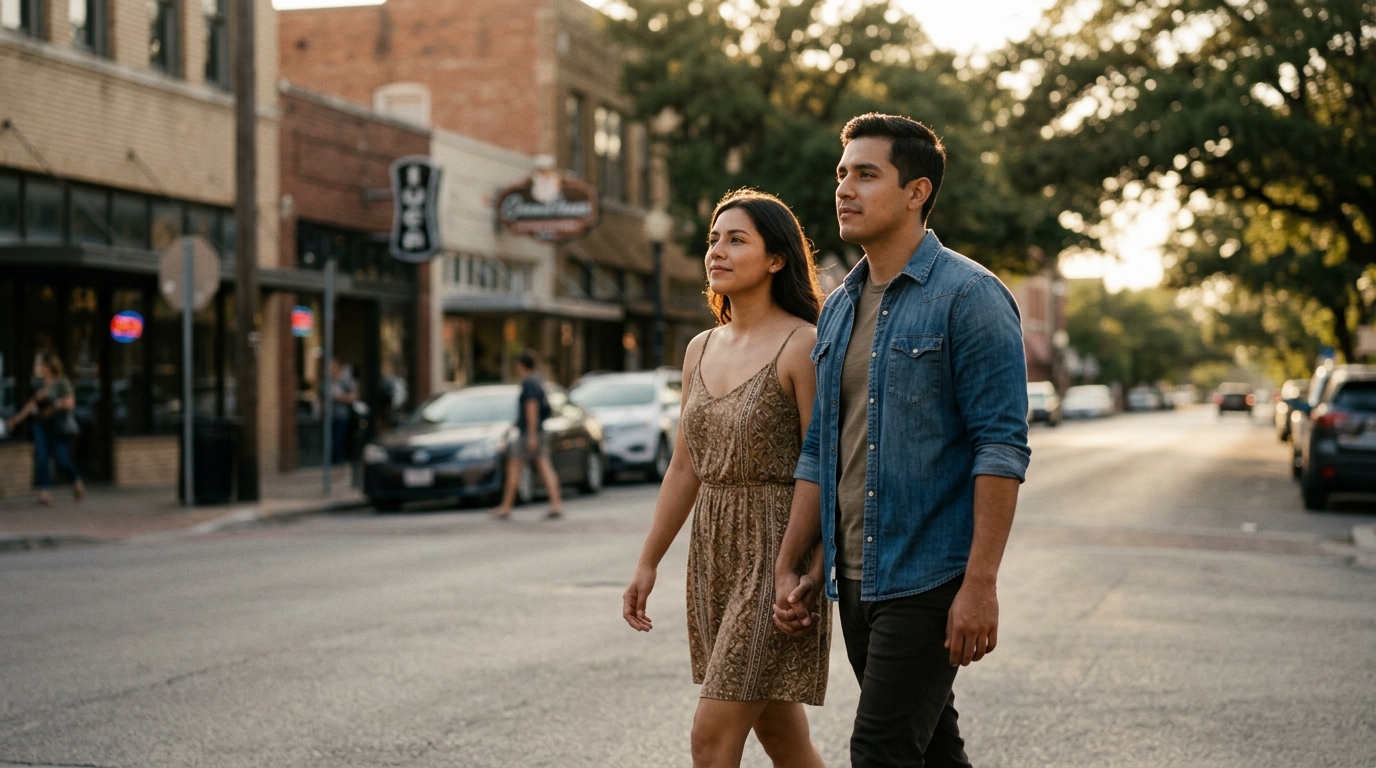 USCIS elevará el costo de trámites humanitarios y TPS 3 Una pareja camina con optimismo por una calle de Texas iluminada por el sol.
