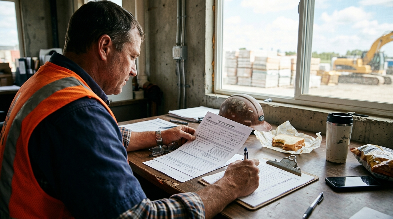 USCIS elevará el costo de trámites humanitarios y TPS 4 Un trabajador de la construccion revisa formularios migratorios sobre un escritorio de madera.