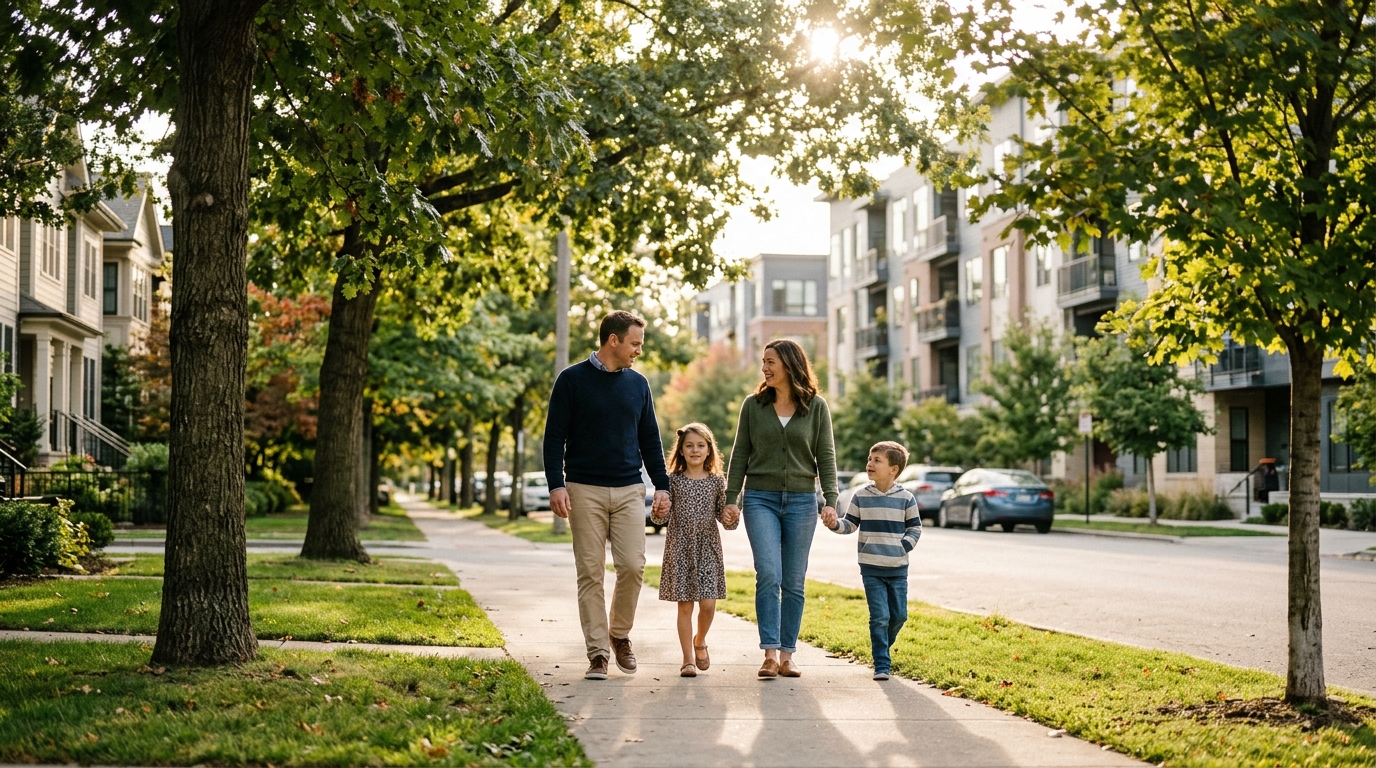 USCIS abre oficina de asilo en Charlotte 5 Familia caminando unida por una calle arbolada en una tarde soleada.