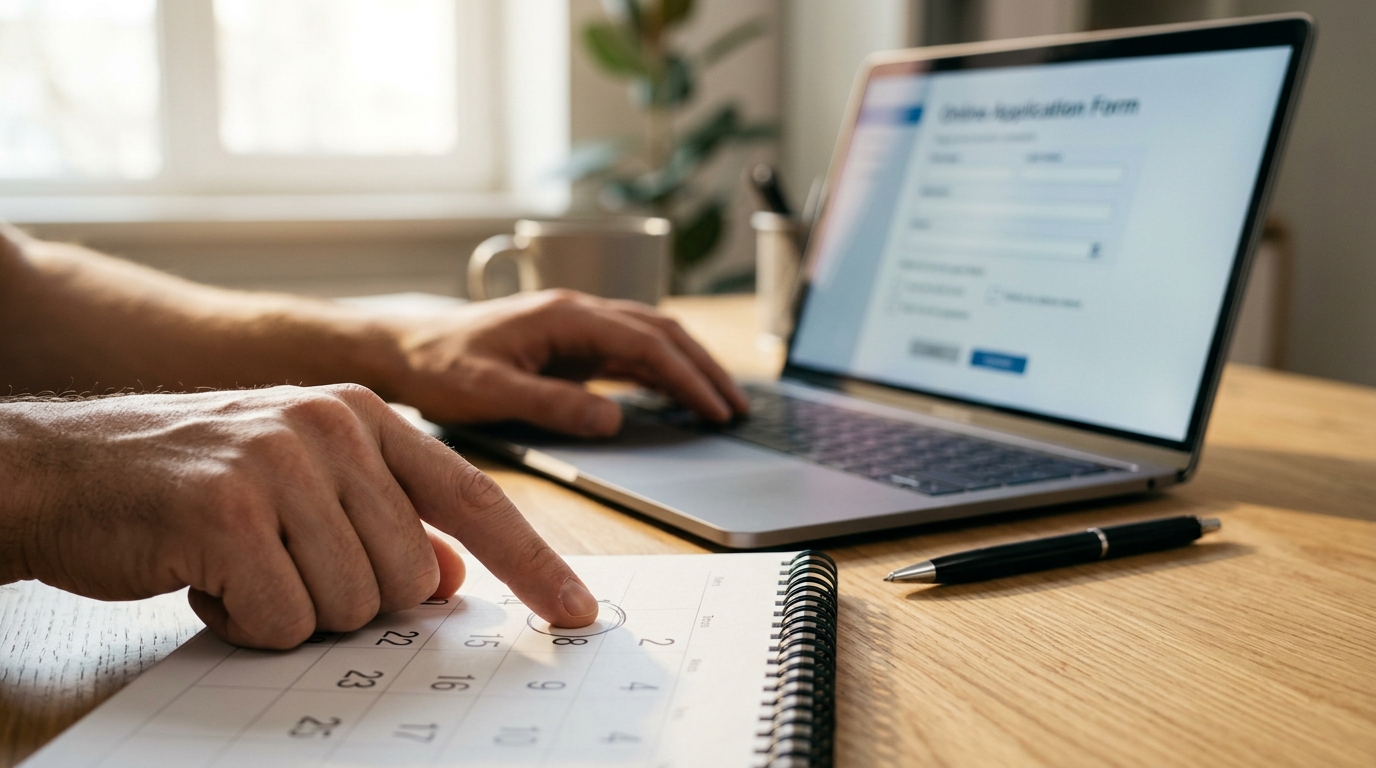 Manos sobre un escritorio de madera revisando un calendario tras cambios en la extension automatica permiso de trabajo.
