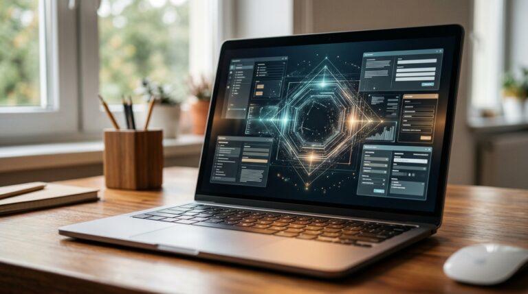Abogado de Inmigración 46 Laptop con un portal digital y documentos relacionados con abogados para menores migrantes sobre un escritorio de madera.