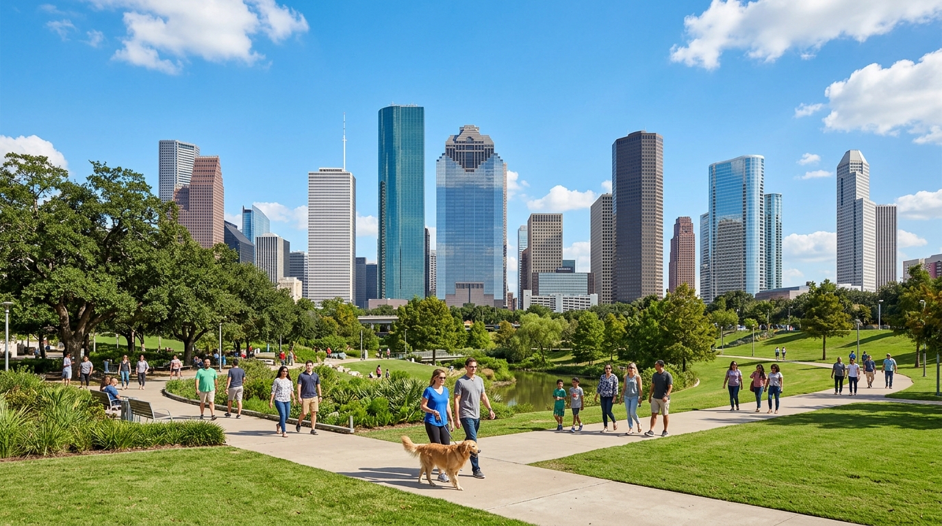 Vista panoramica de un parque urbano con personas paseando bajo un cielo despejado.